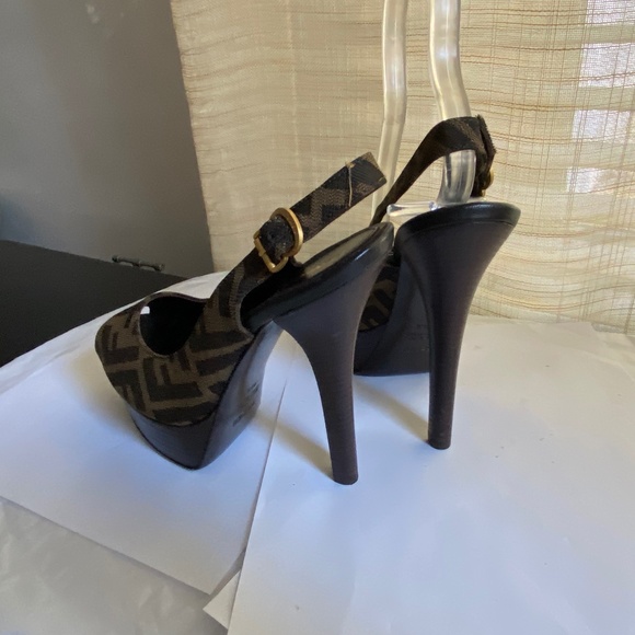 Fendi heels ankle strap 36.5 Italy open toe pumps monogram canvas clogs platform - Picture 7 of 10